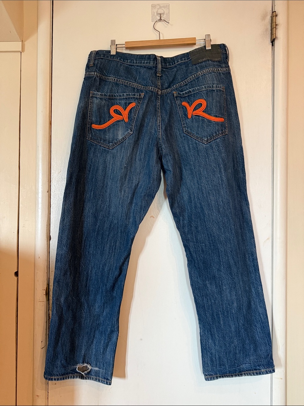 Rocawear Dark Blue Jeans with Orange Pocket Y2K Embroidery Men's Size 42